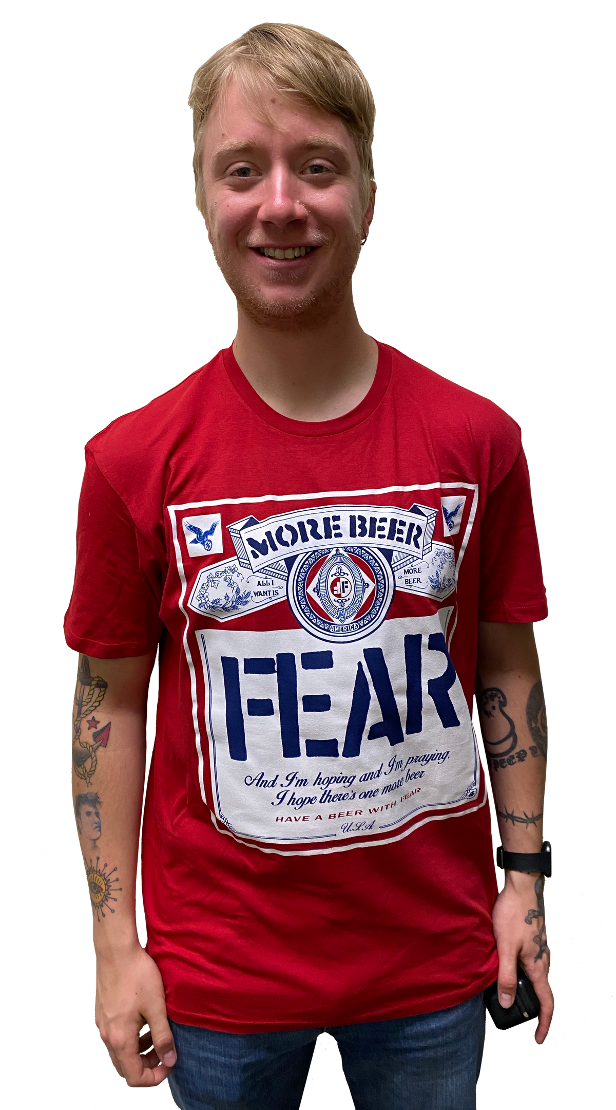 FEAR 'MORE BEER' BEER LABEL T-SHIRT