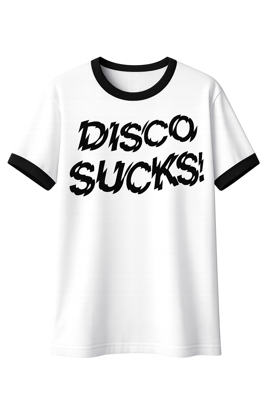 ATOM AGE: "DISCO SUCKS" RINGER TEE W BLACK SLEEVE ENDS