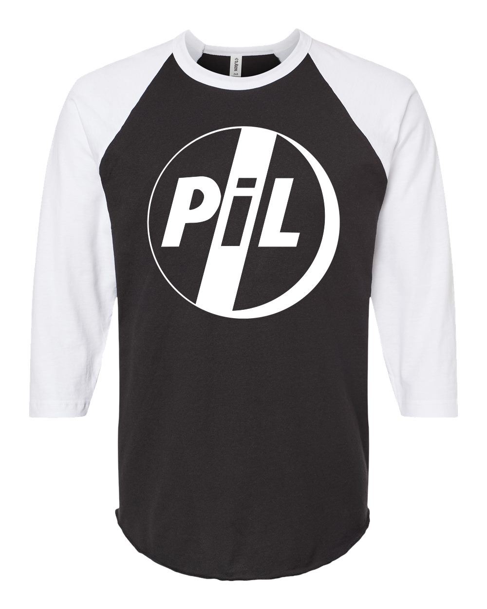 PUBLIC IMAGE LIMITED "WHITE LOGO" BLACK RAGLAN / WHITE SLEEVES