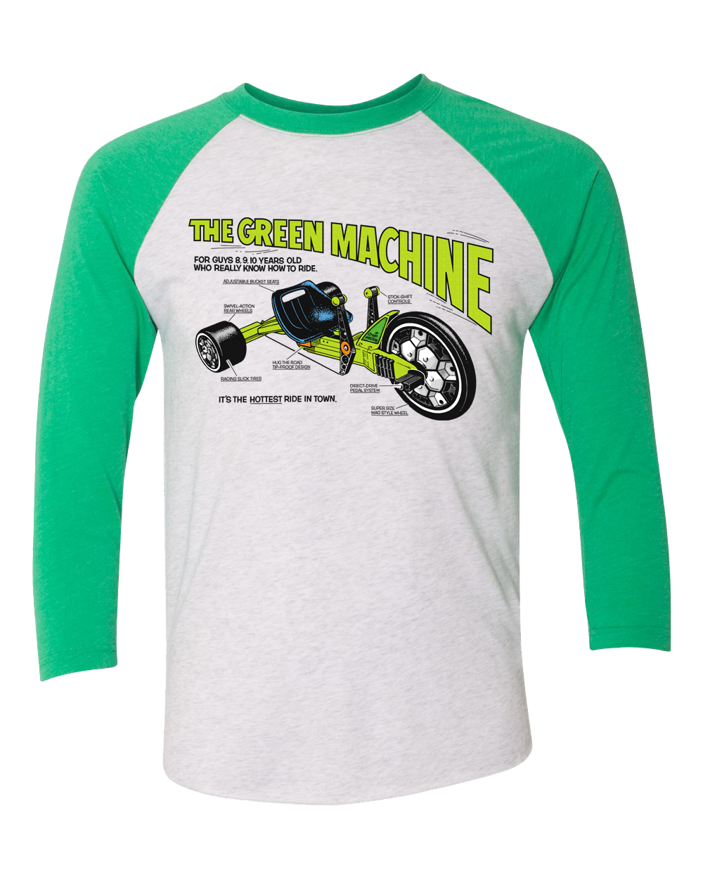 ATOM AGE: "THE GREEN MACHINE" 3/4 SLEEVE RAGLAN GREEN SLEEVES