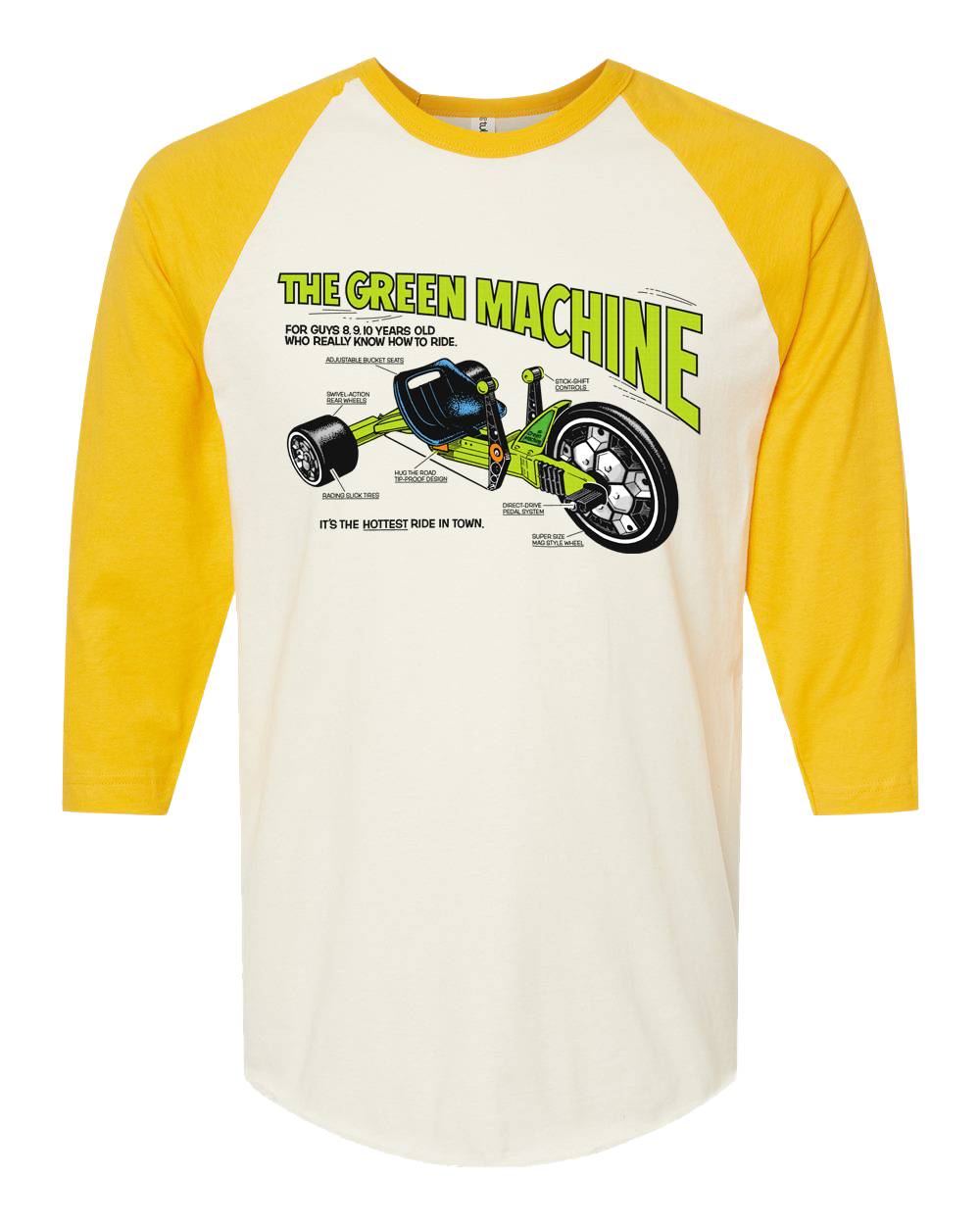 ATOM AGE: "THE GREEN MACHINE" 3/4 SLEEVE RAGLAN YELLOW SLEEVES