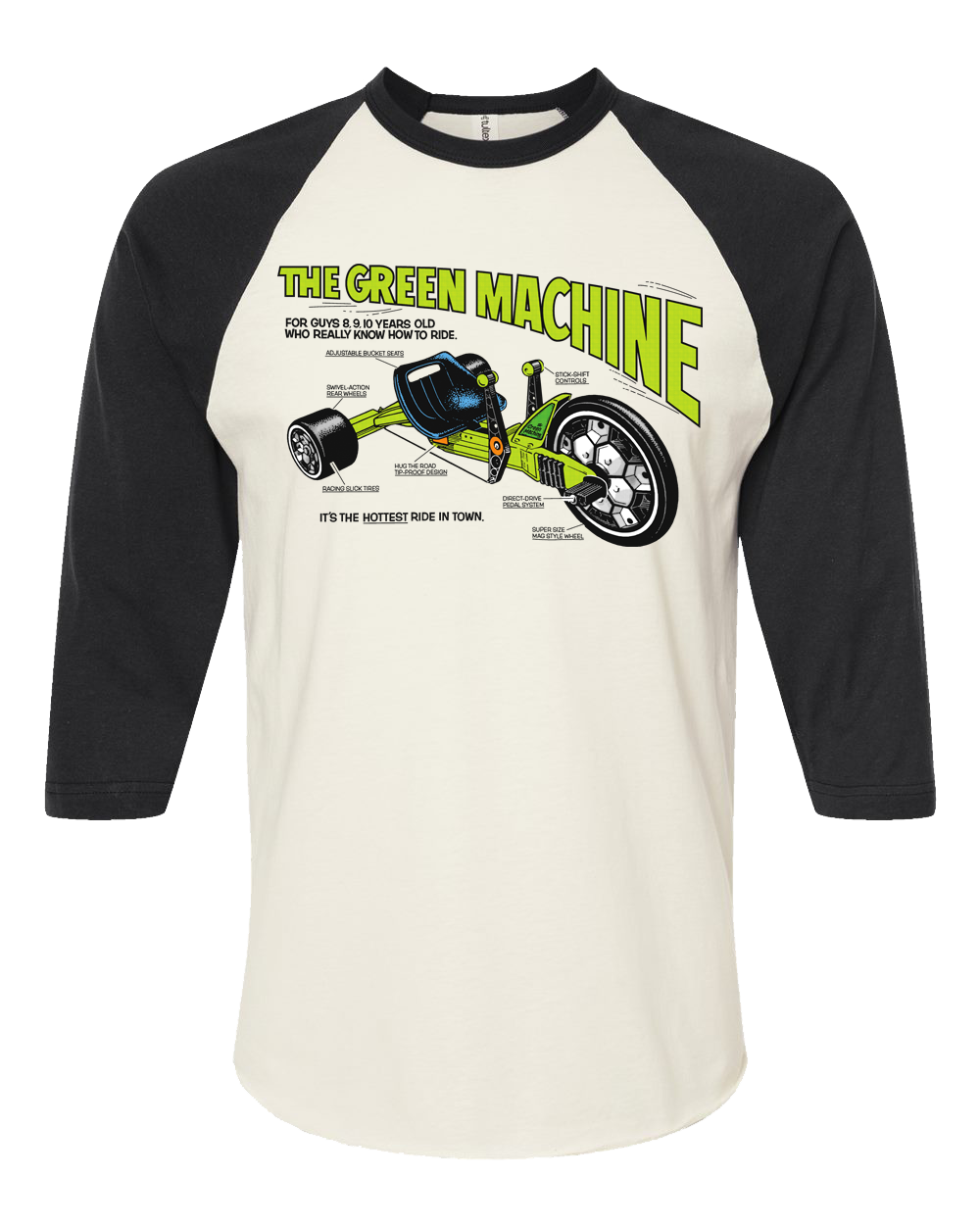 ATOM AGE: "THE GREEN MACHINE" 3/4 SLEEVE RAGLAN BLACK SLEEVES